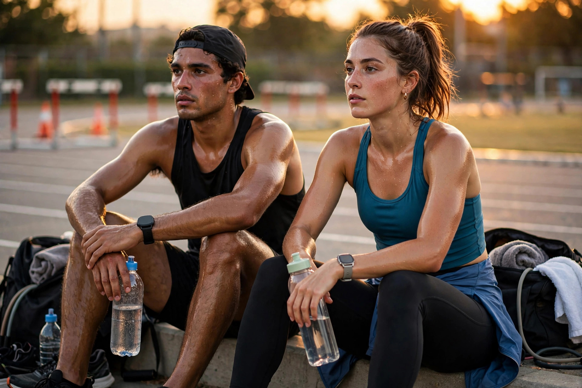 Athletes hydrating during outdoor track training — hydration for athletes