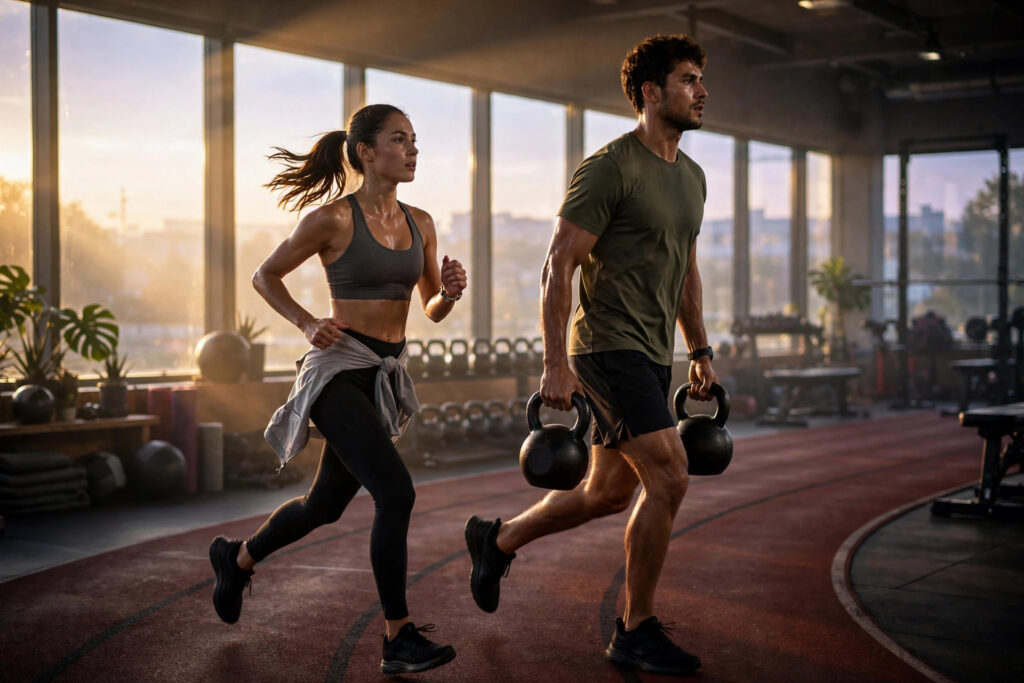 Athletes doing a HYROX training session with running and farmer's carry exercises