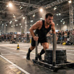 Athlete pushing a heavy sled during a HYROX training race in an indoor fitness arena