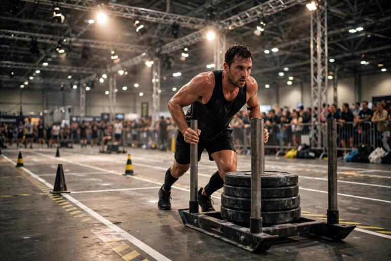 Athlete pushing a heavy sled during a HYROX training race in an indoor fitness arena