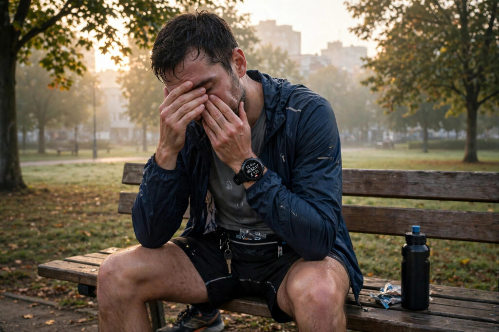 Exhausted runner resting at sunrise, showing how chronic overtraining stress fuels cortisol belly in athletes