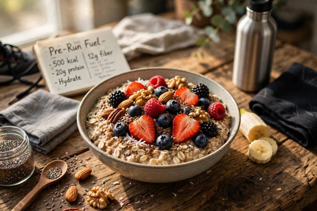 High-fiber breakfast bowl with oats and berries to reduce cortisol belly through fiber-rich eating