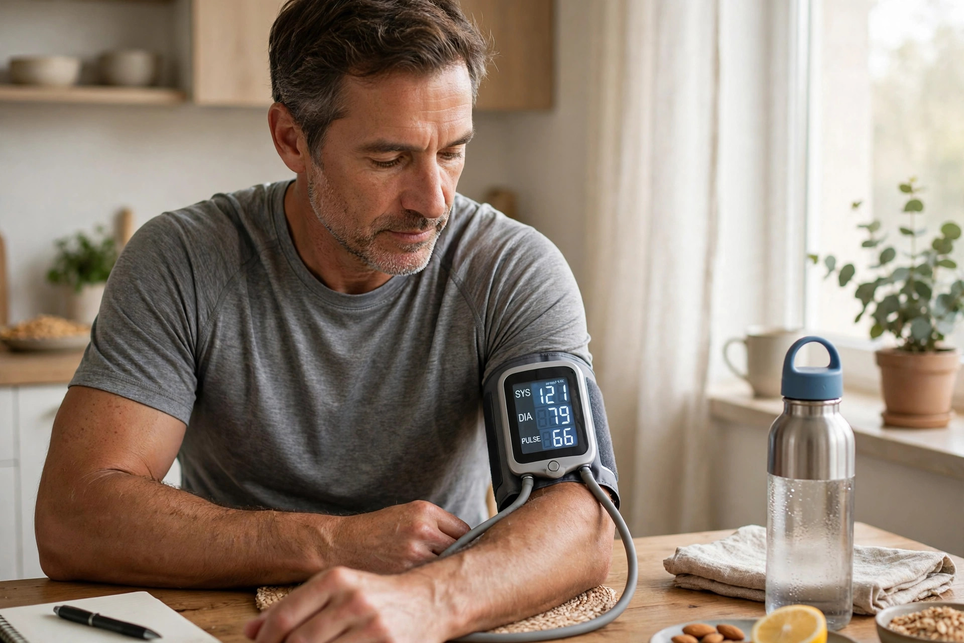 Man checking blood pressure at home to lower epilepsy dementia risk factors