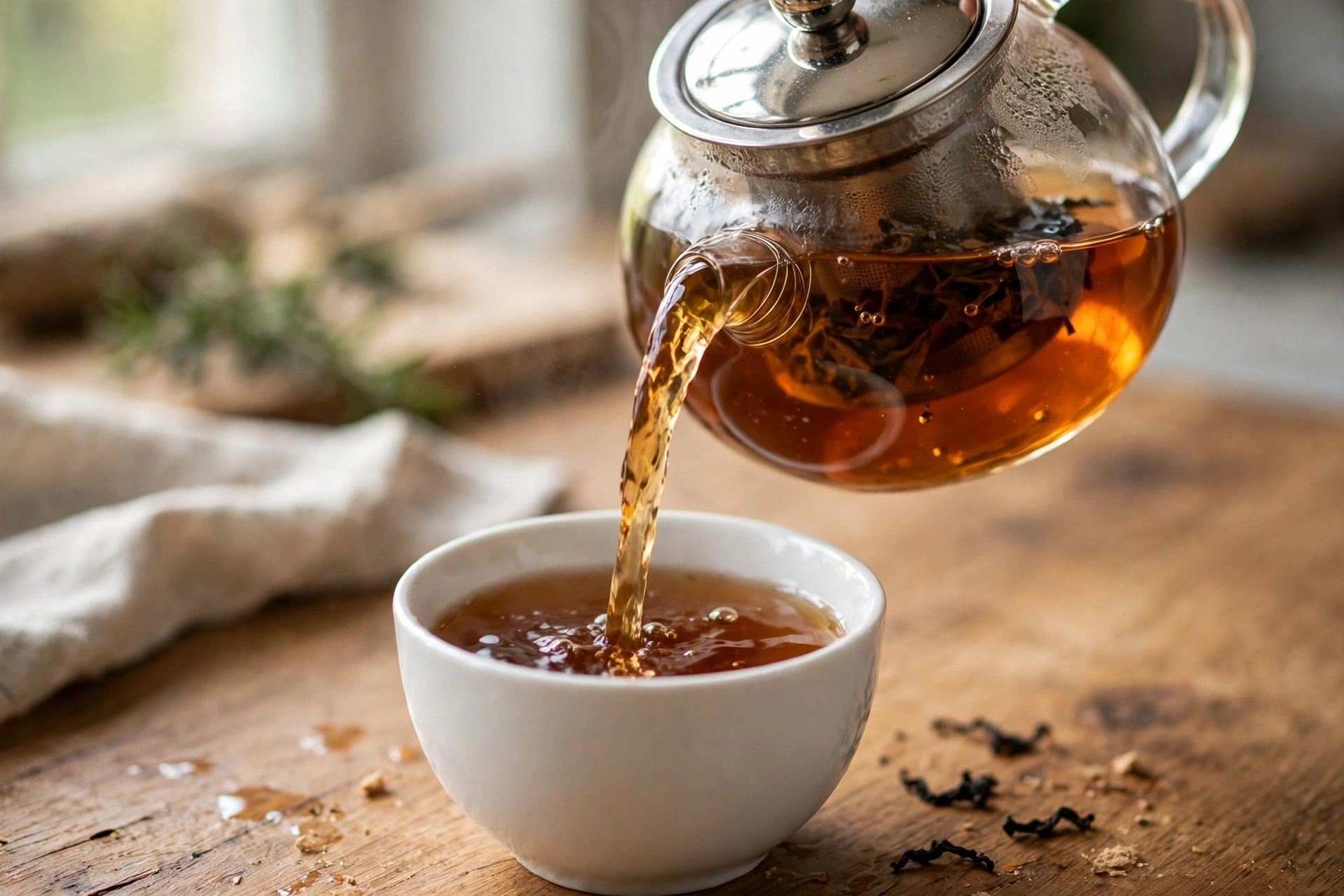 Pouring black tea at moderate strength — the brew linked to the lowest vascular risk in the tea heart health study