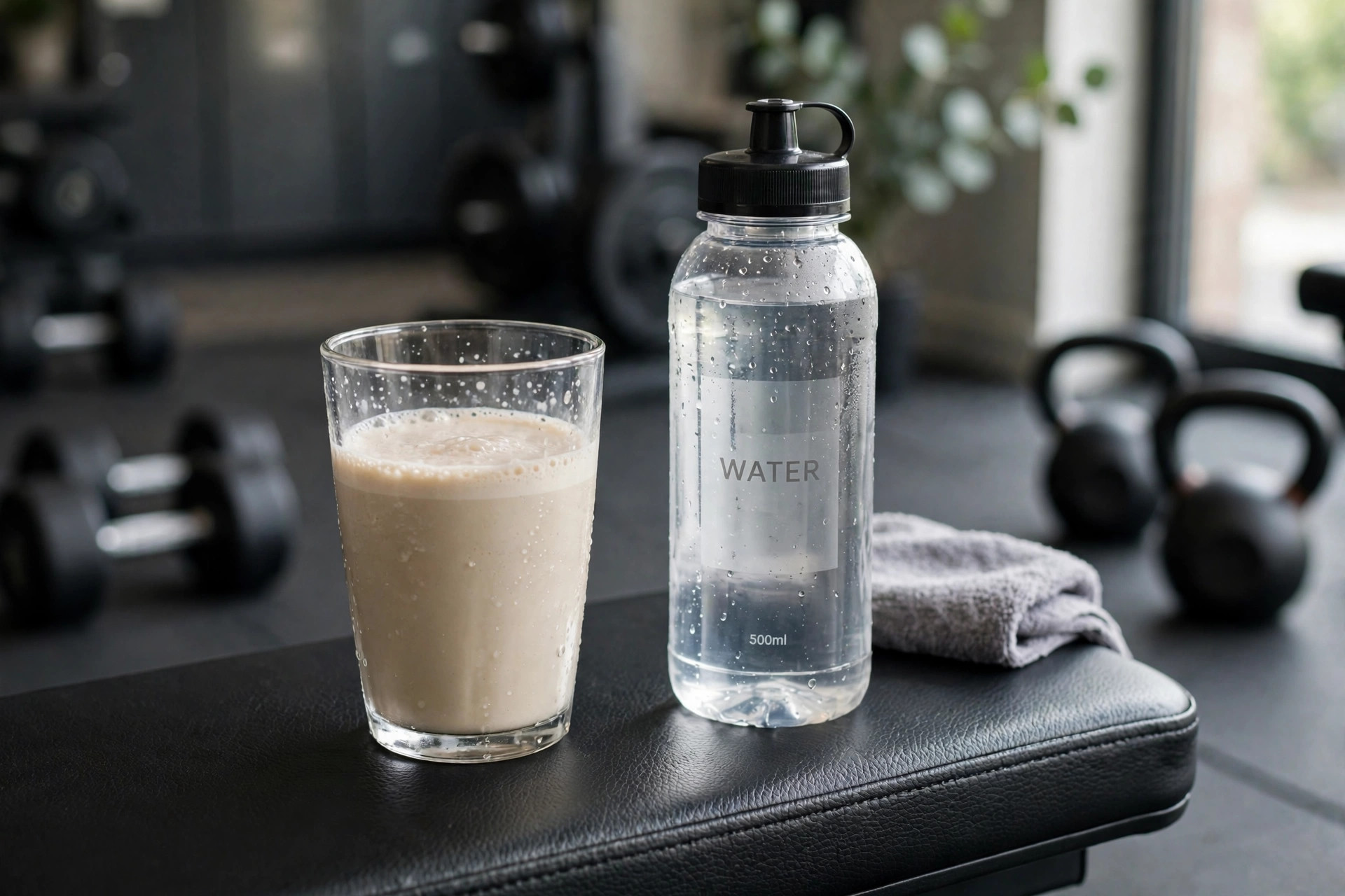 Whey protein shake beside a water bottle in a gym — pairing protein with water for better post-workout protein absorption