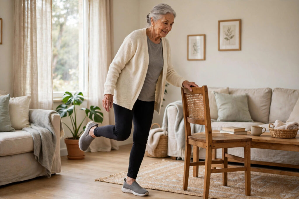 Senior woman doing a single-leg balance exercise near a chair to reduce fall risk linked to masked hypertension