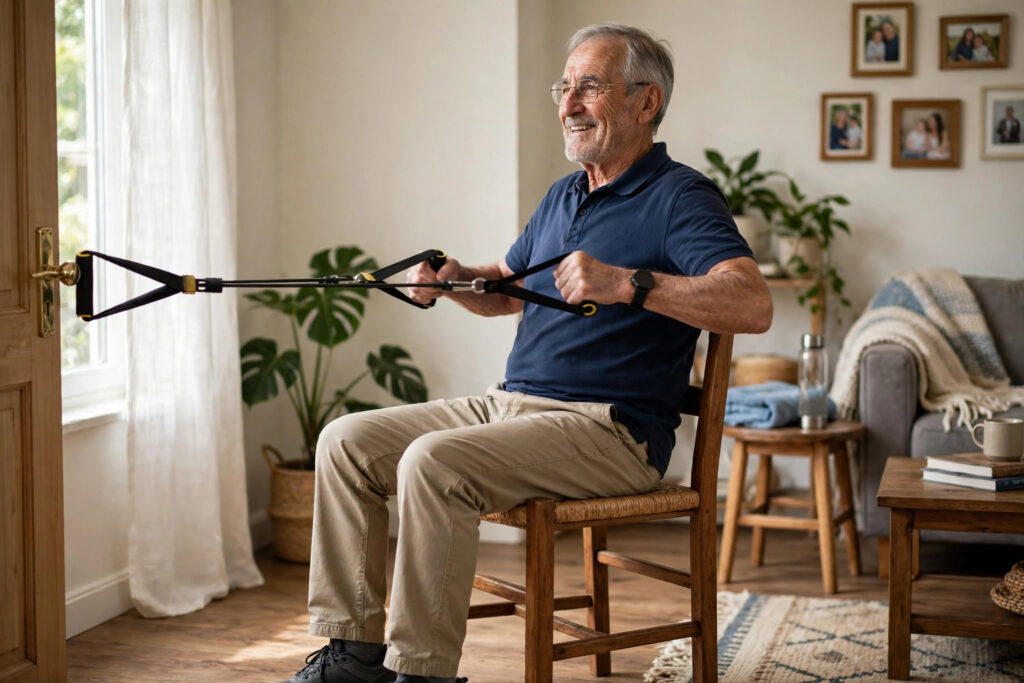 Senior man doing resistance band row exercise as part of 4-minute daily workout for strength after 65