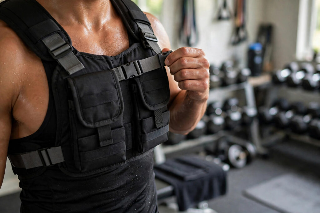 Athlete fitting an adjustable weighted vest snugly across the chest — safe way to get weighted vest benefits