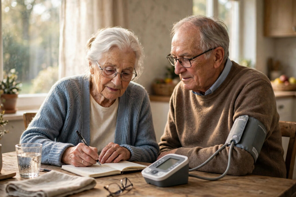 Senior couple writing down home blood pressure readings to detect masked hypertension
