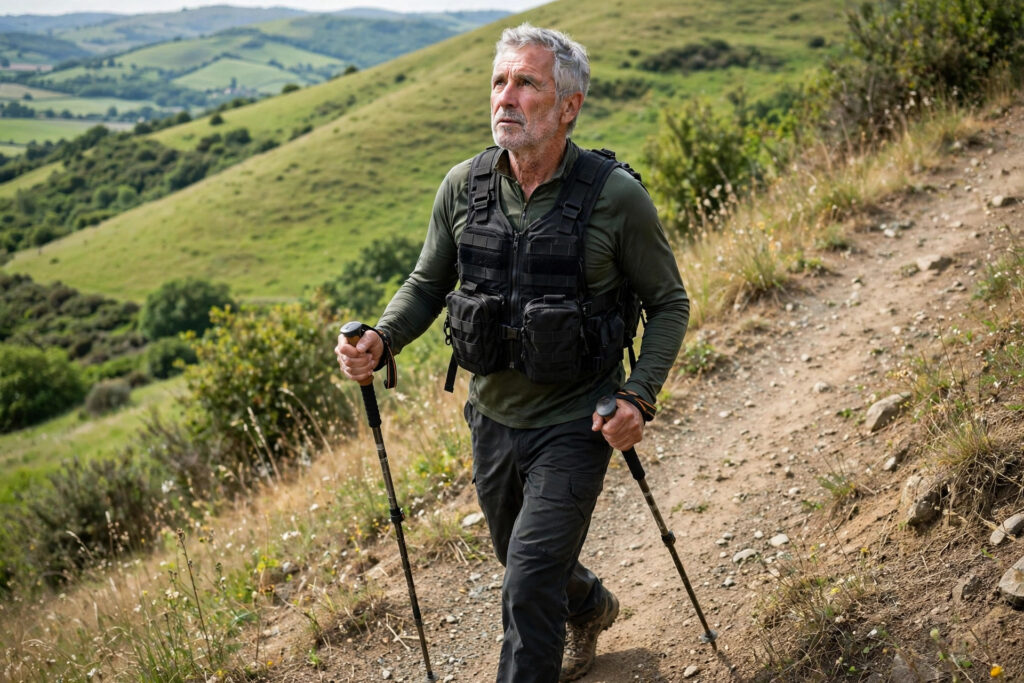 Older man rucking uphill wearing a weighted vest — weighted vest benefits for strength and bone density