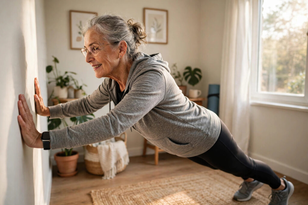 Older woman performing wall push-up in 4-minute daily workout to build strength after 65