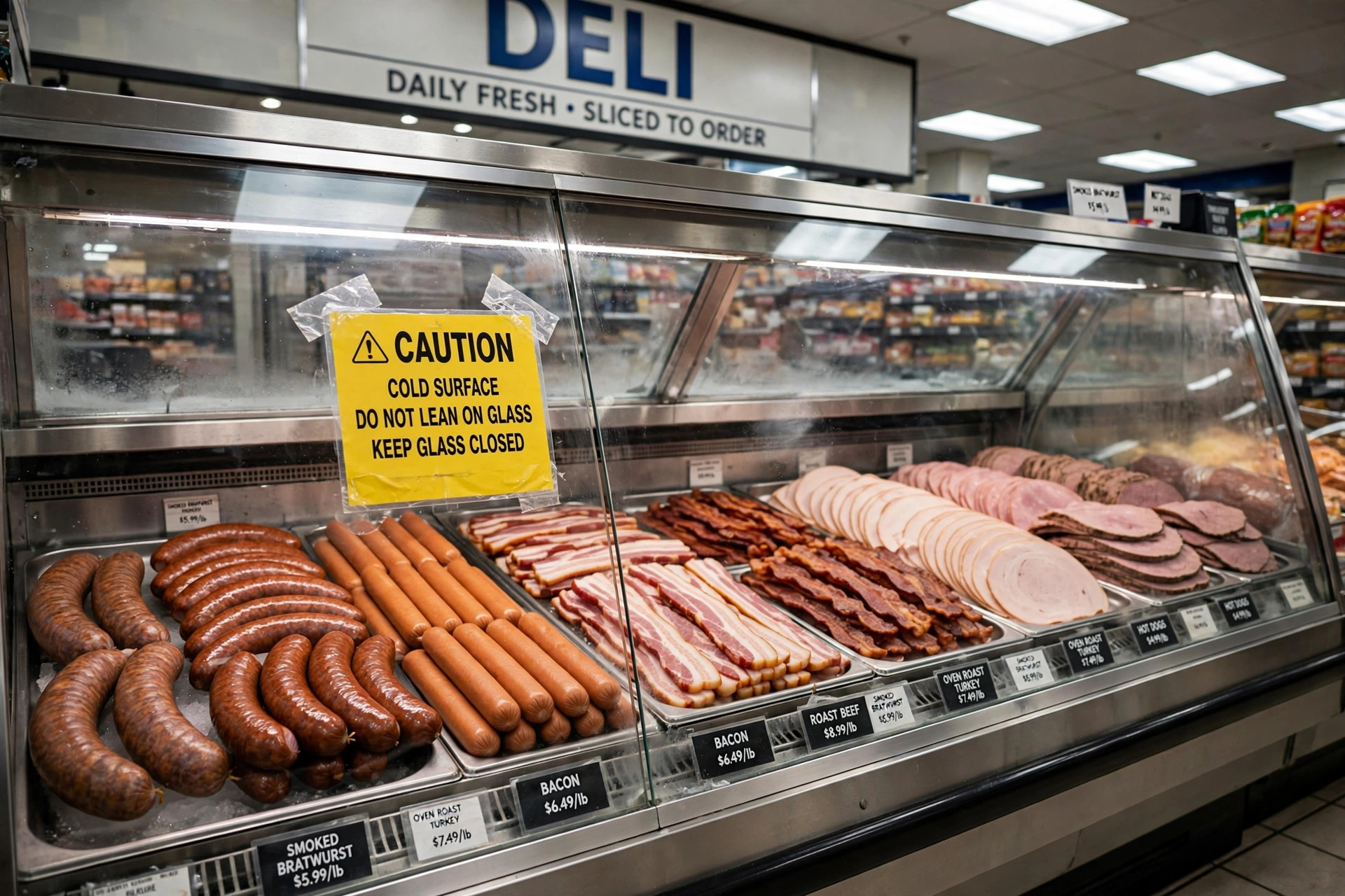Deli counter display of bacon and sausages like the Kayem Foods recall products pulled from stores nationwide