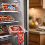 Open refrigerator with deli meat packages highlighted during the Kayem Foods recall of hot dogs and sausages