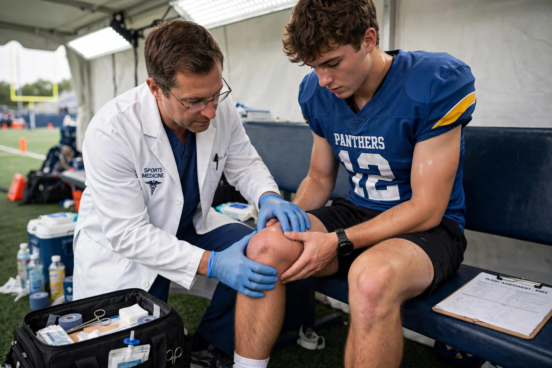 Sports doctor examining an athlete's swollen knee to diagnose a ligament tear like Terry McLaurin's knee injury