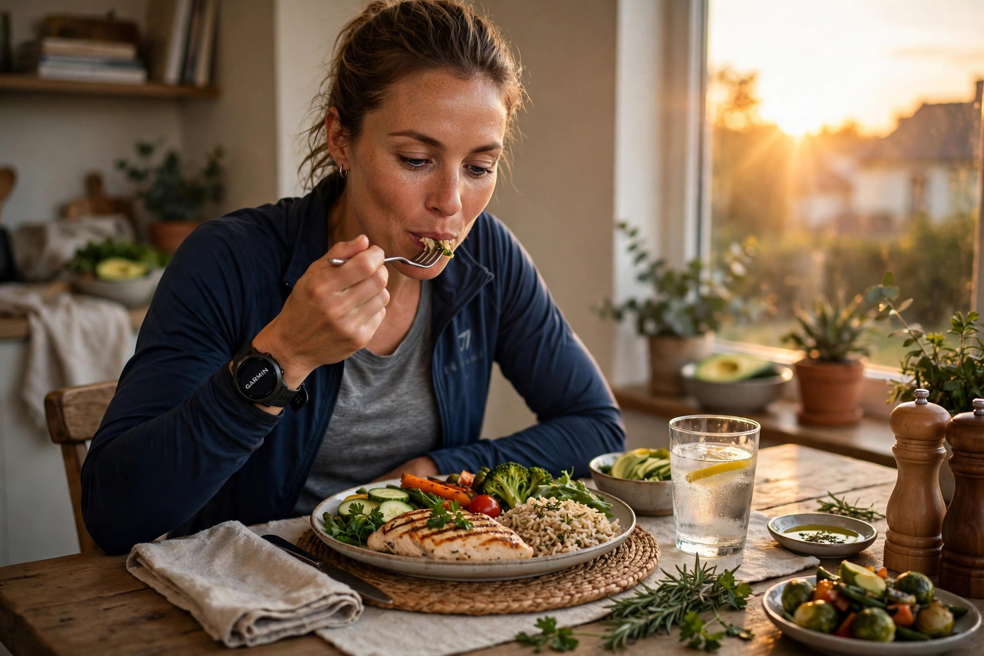 Athlete eating an early dinner to avoid late night eating and protect liver health