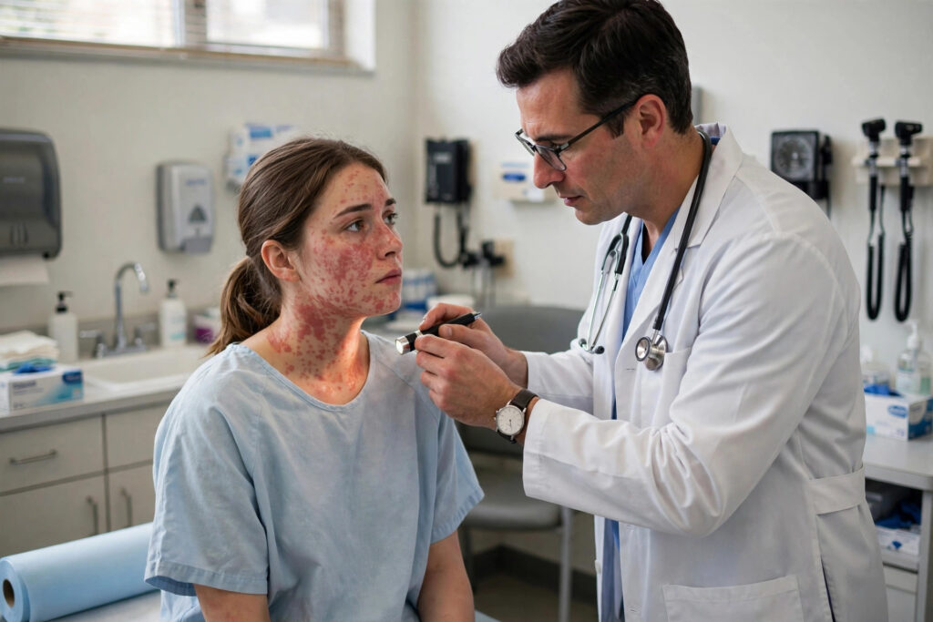 measles outbreak symptoms — red rash visible on patient's face