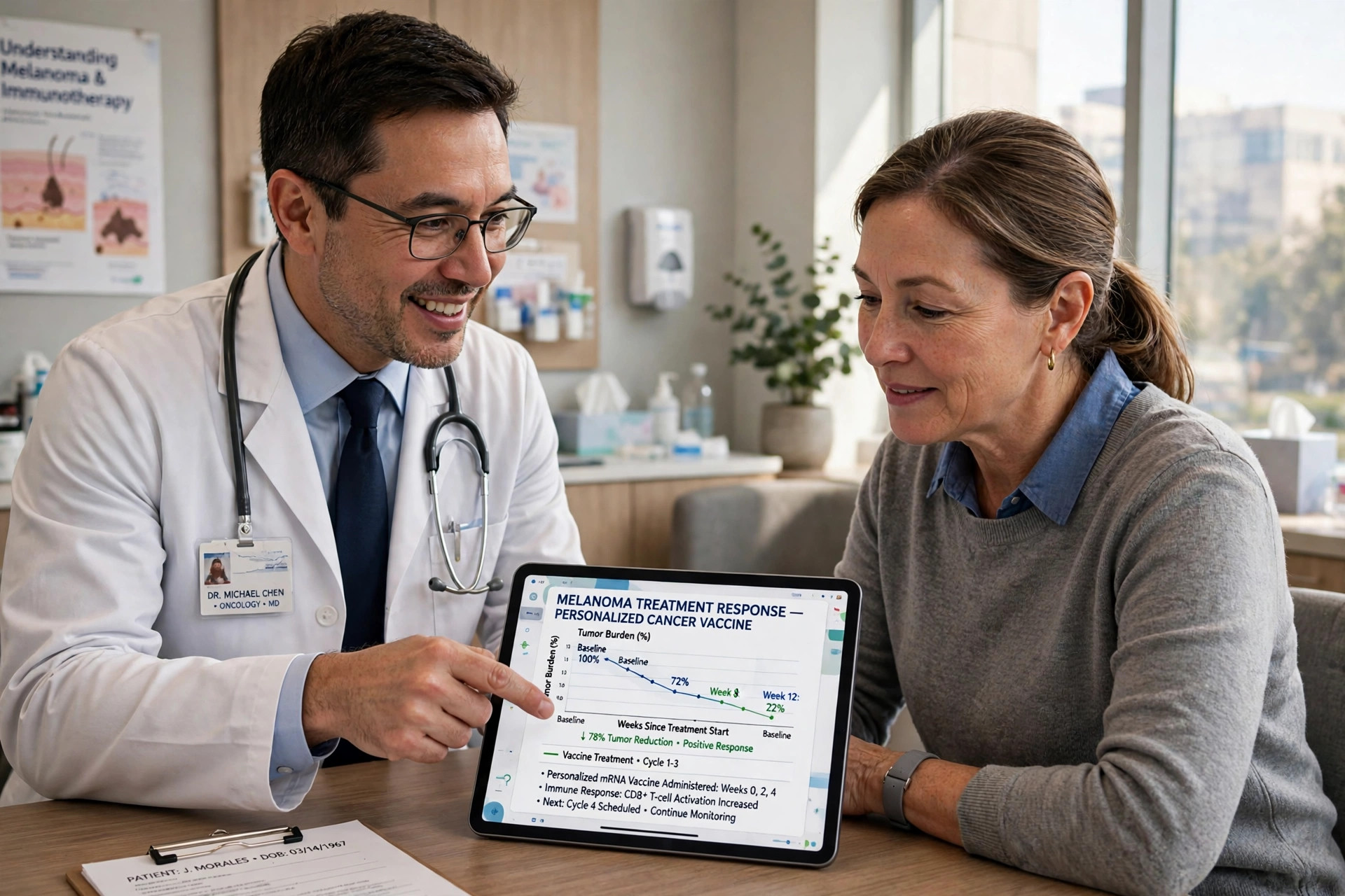 Oncologist explaining personalized mRNA cancer vaccine treatment to a cancer patient