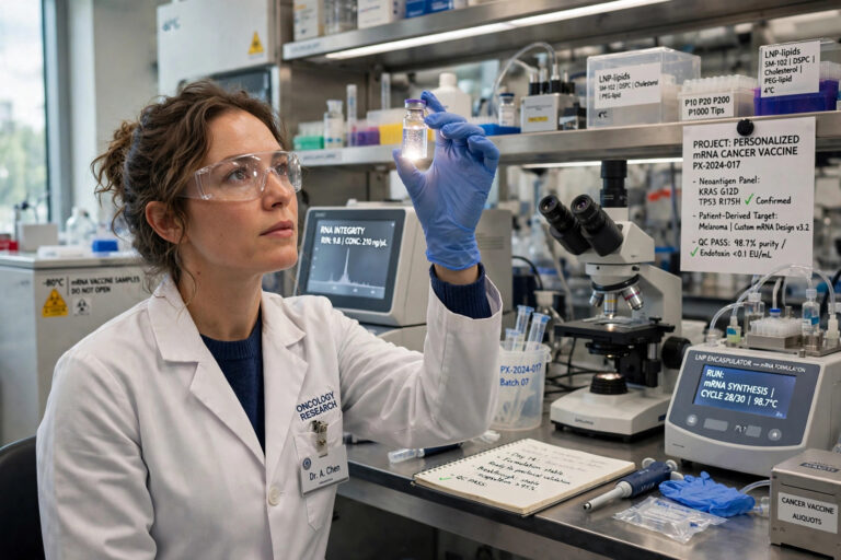 Personalized mRNA cancer vaccine research in a laboratory for melanoma treatment