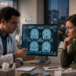 Neurologist reviewing brain MRI scans with a patient during an MS misdiagnosis evaluation
