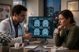 Neurologist reviewing brain MRI scans with a patient during an MS misdiagnosis evaluation