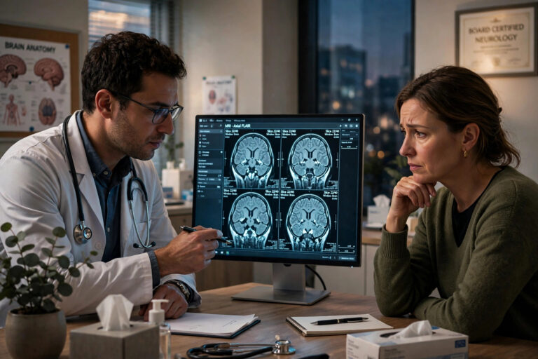 Neurologist reviewing brain MRI scans with a patient during an MS misdiagnosis evaluation