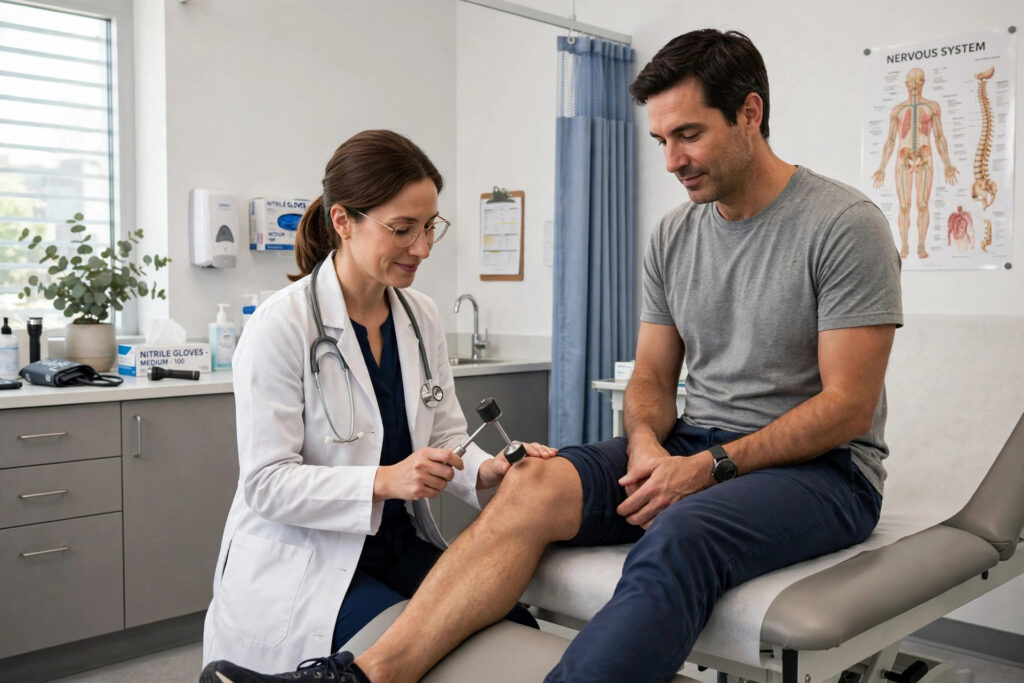 Neurologist performing a neurological reflex exam — a key step in confirming or ruling out an MS misdiagnosis