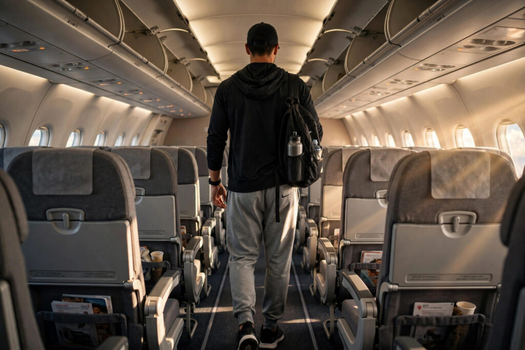Athlete walking the aisle during a long-haul flight to keep blood moving and prevent blood clots in lungs