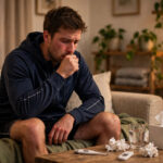 Athlete resting on a couch while recovering — is pneumonia contagious