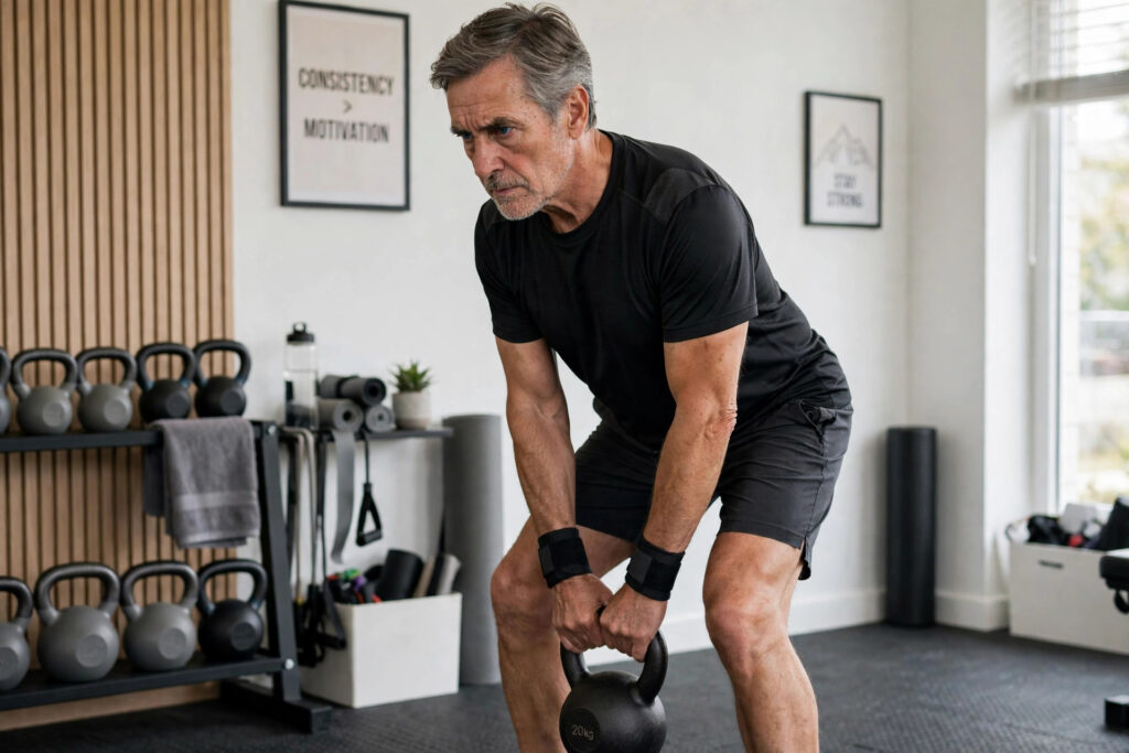 older man doing kettlebell resistance training to stop losing strength at 35