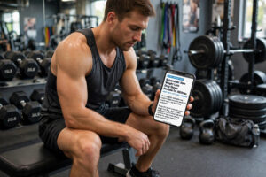 Retatrutide weight loss drug news on a phone — athlete reading about the new weight-loss drug in the gym