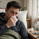 Adult resting at home with RSV symptoms in adults, thermometer and water on bedside table