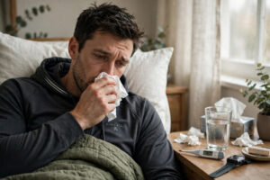 Adult resting at home with RSV symptoms in adults, thermometer and water on bedside table