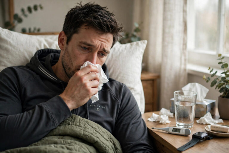 Adult resting at home with RSV symptoms in adults, thermometer and water on bedside table