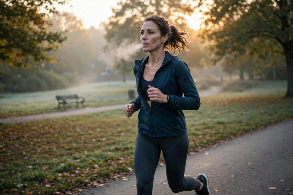 woman running at sunrise doing aerobic exercise to fight losing strength at 35