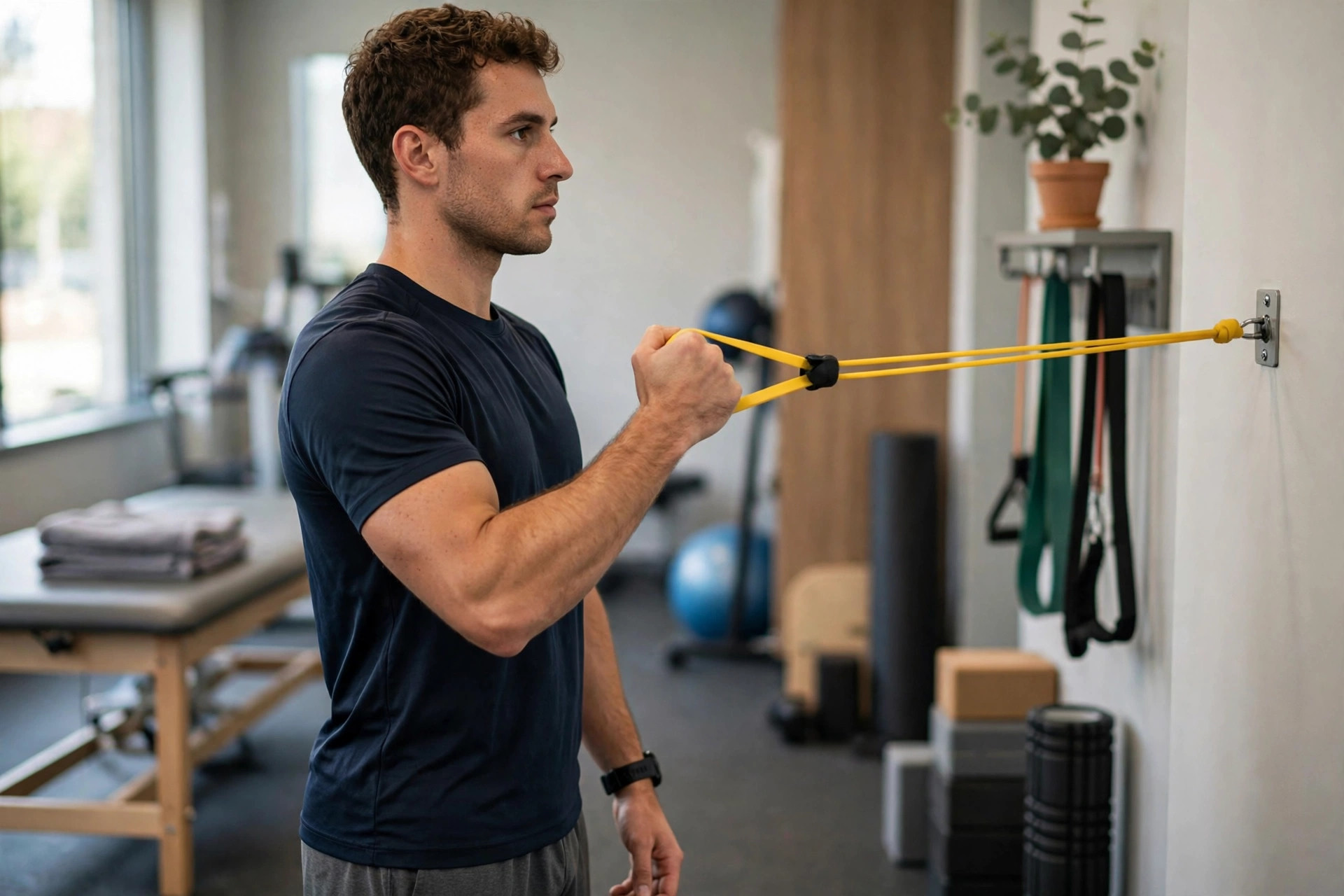 Athlete doing resistance band shoulder rehab exercise for shoulder injury recovery