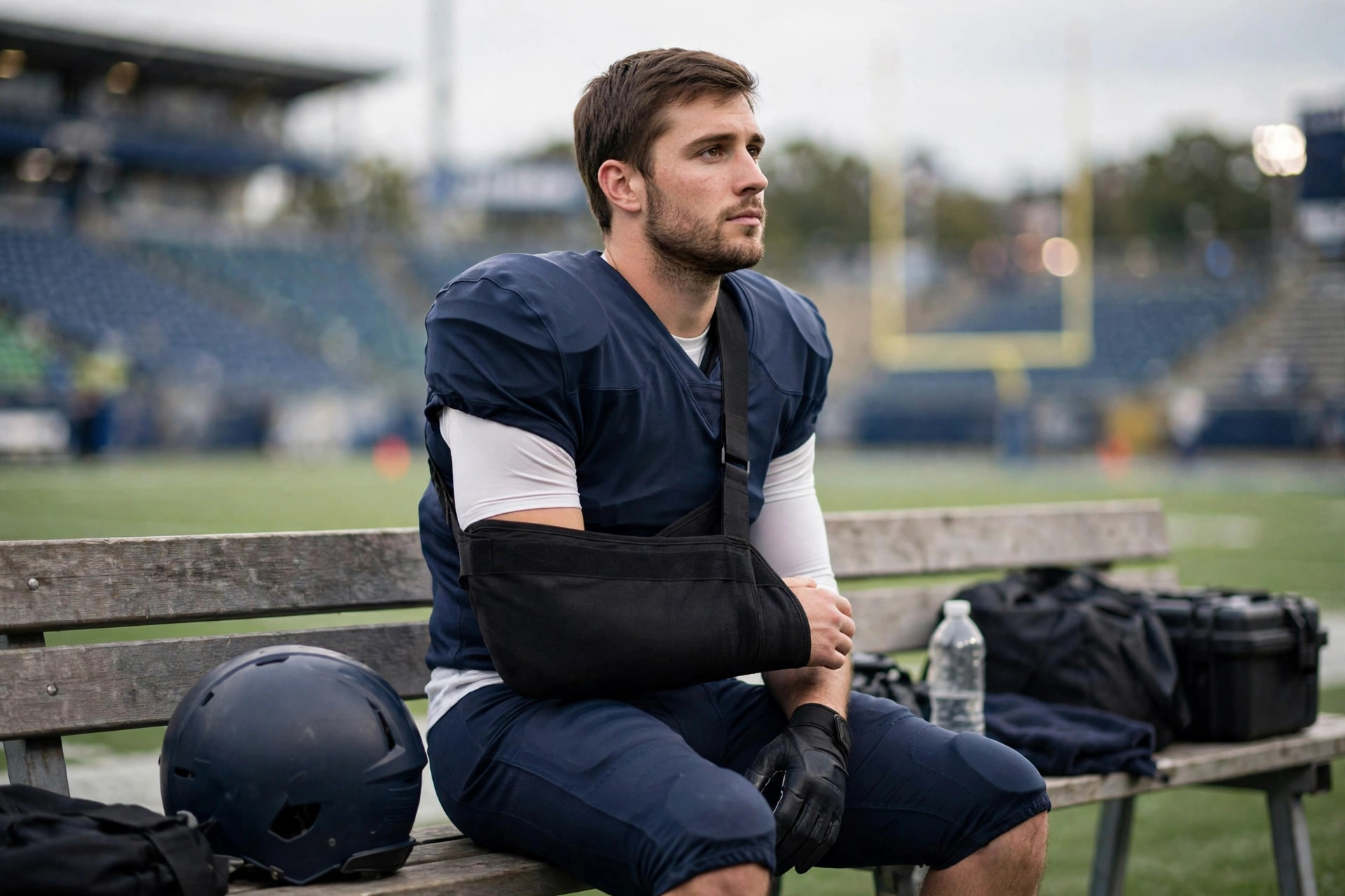 Football player with throwing arm in sling on sideline after shoulder injury
