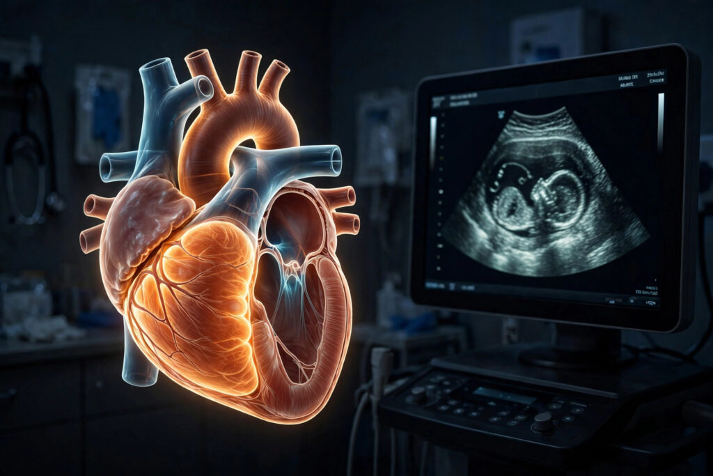 Heart ultrasound scan showing wall thickening from steroid heart damage