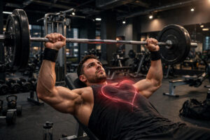 Weightlifter training with heart overlay illustrating steroid heart damage