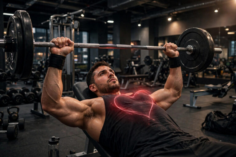 Weightlifter training with heart overlay illustrating steroid heart damage