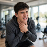 Athlete with strep throat symptoms holding his sore throat in the gym