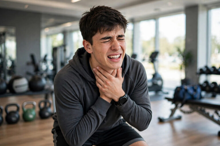 Athlete with strep throat symptoms holding his sore throat in the gym