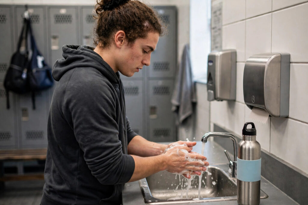 Washing hands to prevent strep throat symptoms spreading at the gym