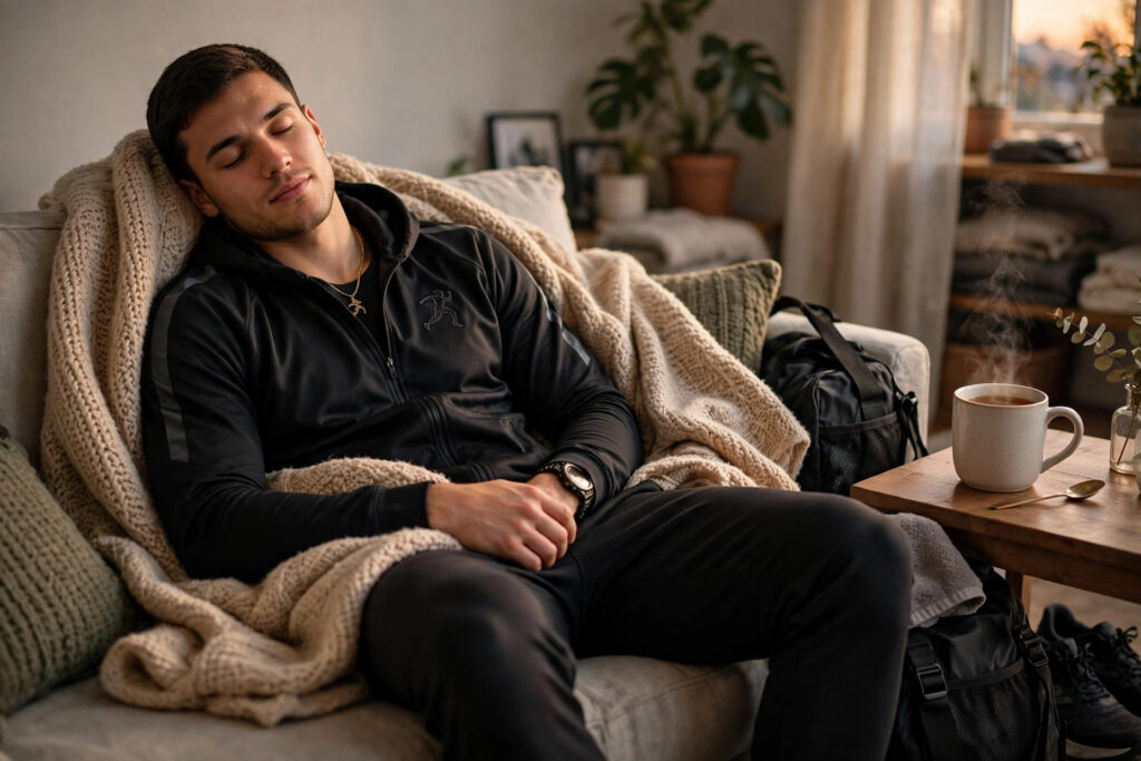 Athlete resting at home with tea while recovering from strep throat symptoms