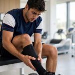 Football player holding sore calf at risk of superficial blood clot in training room