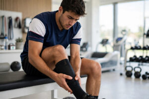 Football player holding sore calf at risk of superficial blood clot in training room