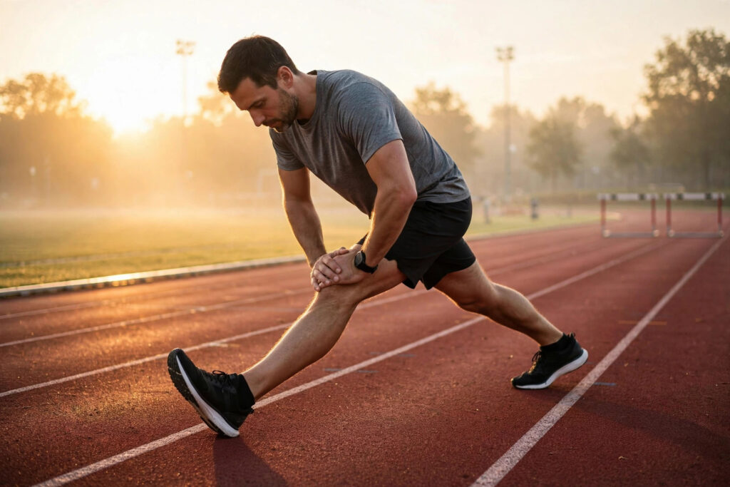 Athlete doing calf stretching exercises to prevent superficial blood clot