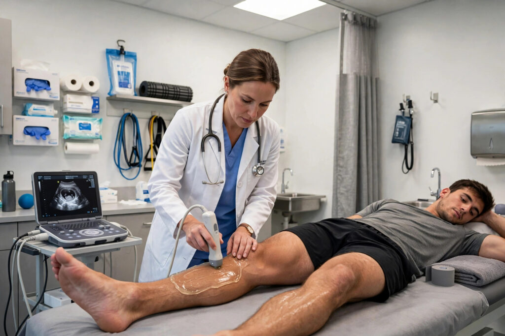 Doctor performing leg ultrasound to diagnose superficial blood clot in athlete's calf