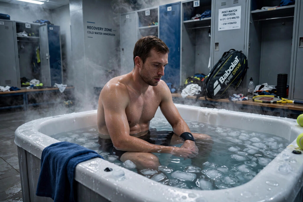 Tennis athlete sitting in an ice bath for post-match cold water recovery — tennis recovery tips for reducing soreness