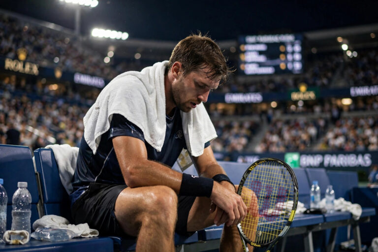 Exhausted tennis player resting on the bench during a night match — tennis recovery tips for players running on empty
