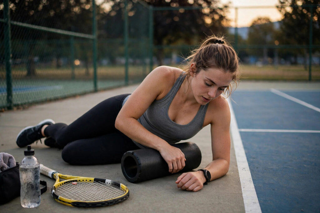 Female tennis player foam rolling beside the court at dusk — tennis recovery tips for active cooldowns